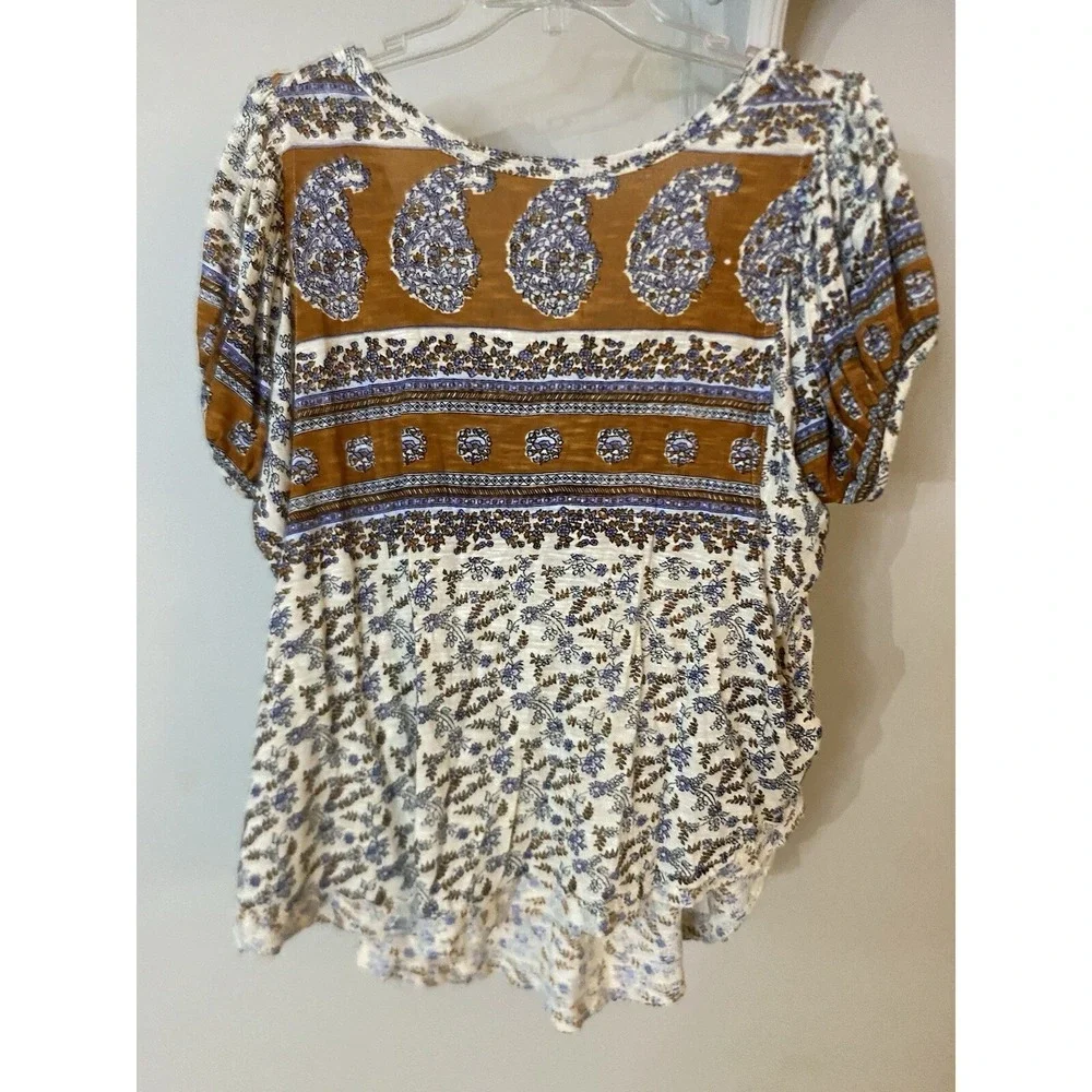 FREE PEOPLE Paisley‎ Puff Sleeve Swing Top XS Boho Oversized
